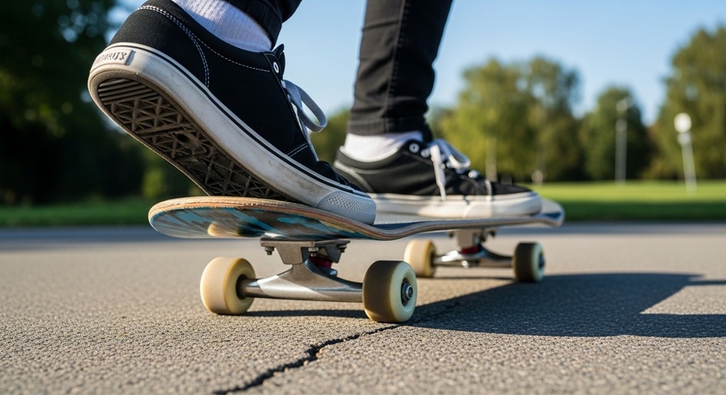 Skater performing ollie wearing casual sneakers for skateboarding