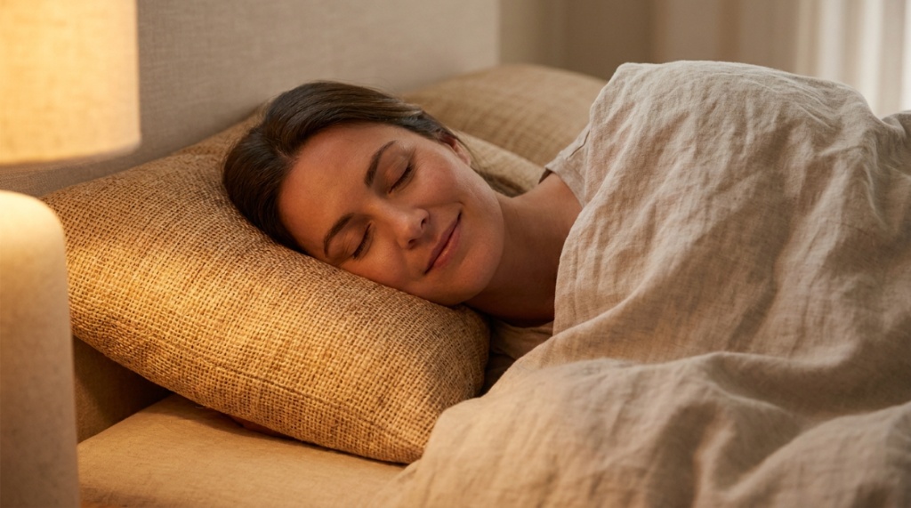 Woman sleeping peacefully on a breathable white cooling bamboo pillow.
