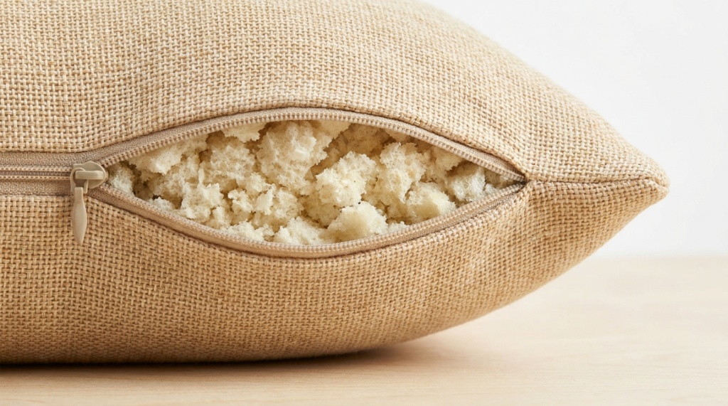 Open zipper on a bamboo pillow showing the shredded memory foam inside.