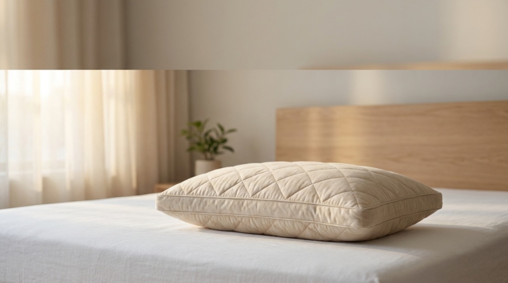 White bamboo pillow on a modern bed mattress in a bright bedroom.