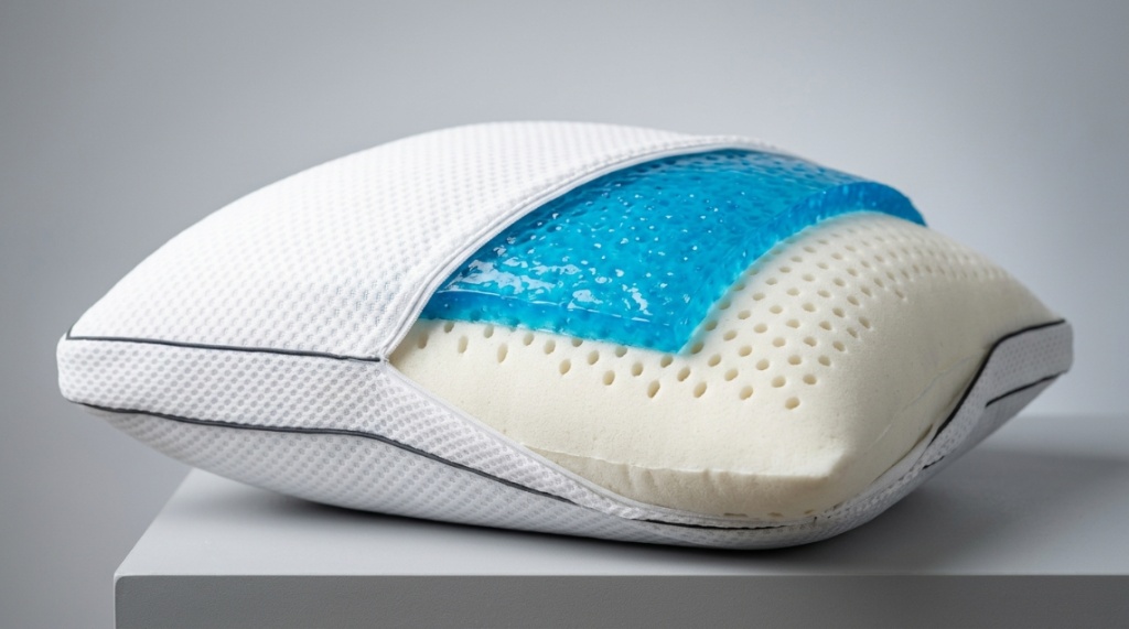 Close up of a memory foam pillow with a blue cooling gel layer.