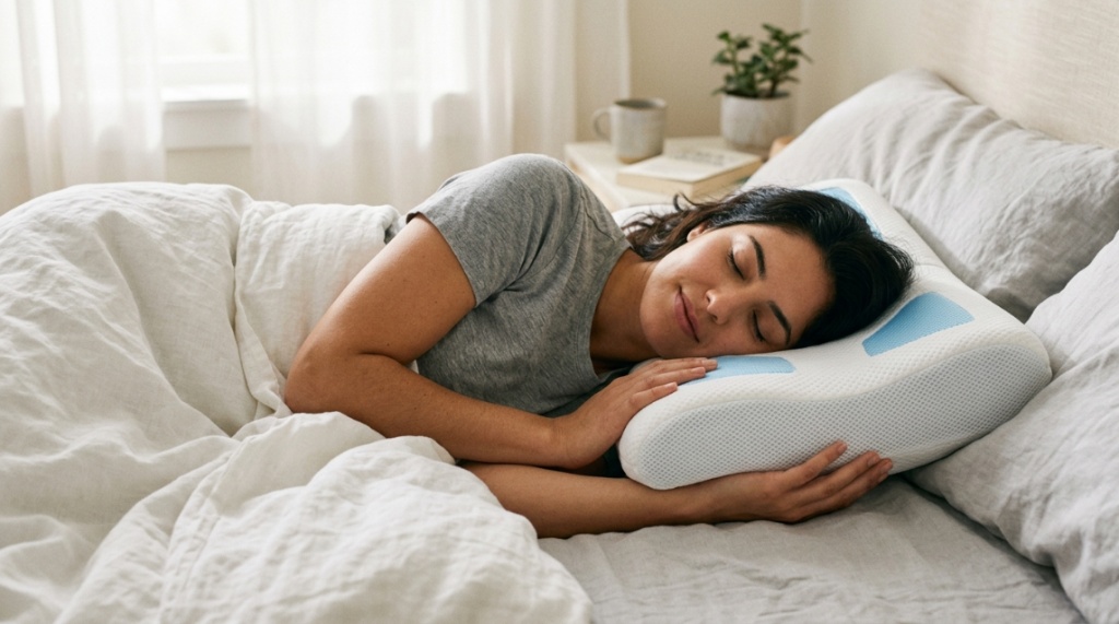 A relaxed person sleeping peacefully on a breathable cooling pillow.