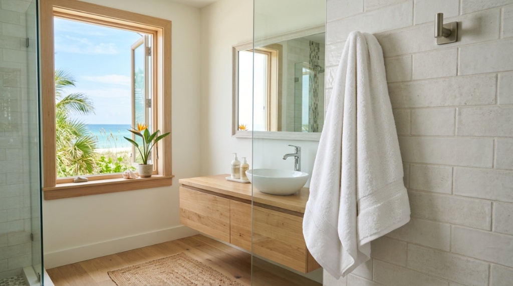 A plush white bath towel hanging in a bright, humid Florida bathroom.