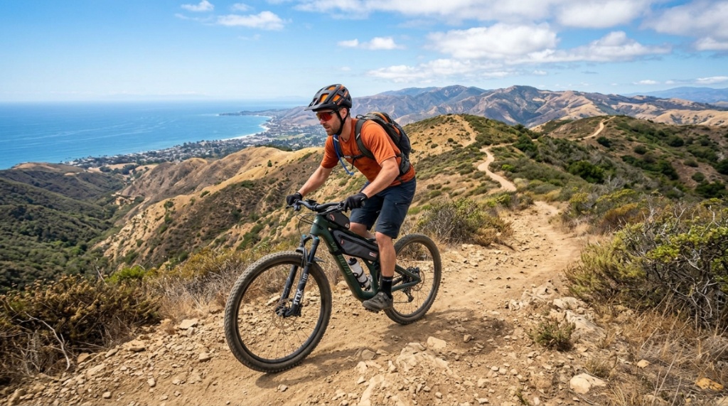 Cyclist riding a mountain bike with a frame bag on a California trail.