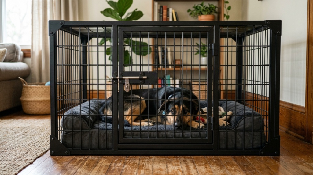 Heavy duty escape proof dog crate holding a calm dog indoors.