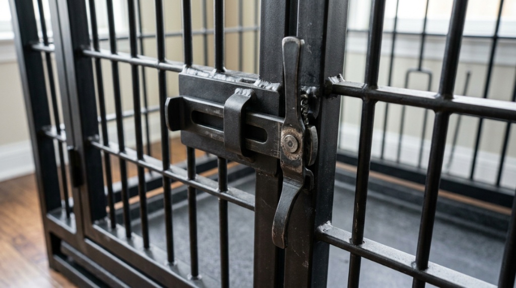 Close up of a reinforced steel dog crate dual locking mechanism.