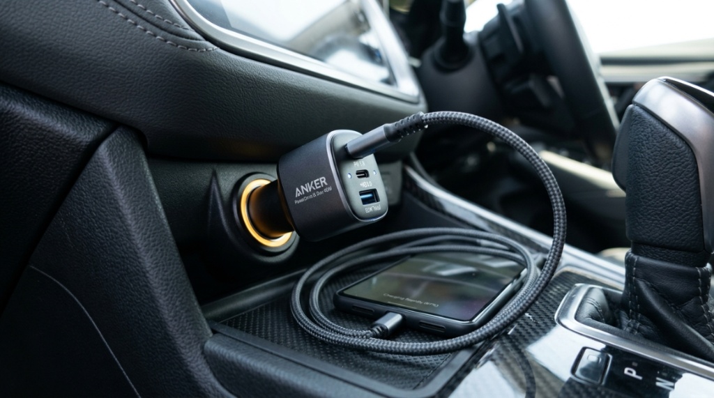 High-speed USB car charger plugged into a vehicle power outlet.