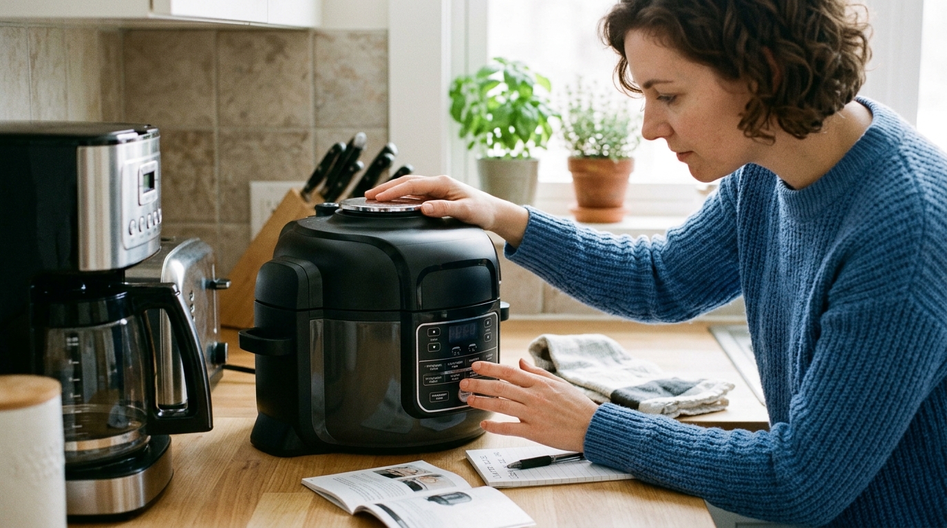 Person comparing compact countertop appliances on a wooden kitchen counter.
