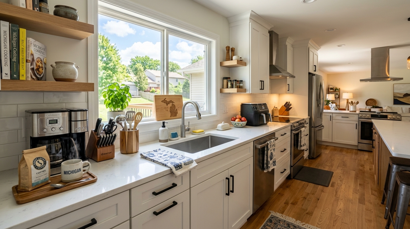 Modern kitchen countertop with organized appliances in a Michigan home.