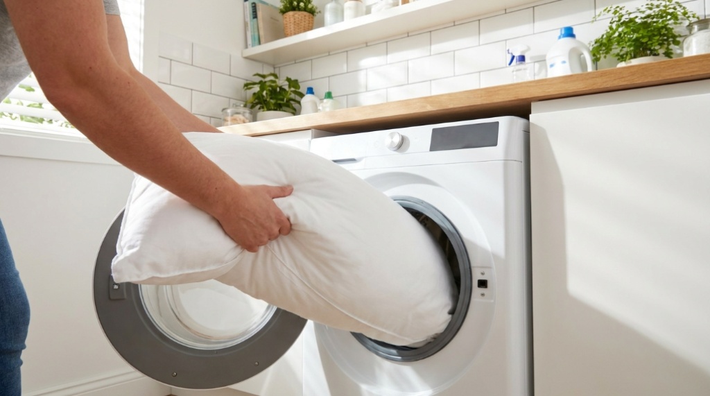 Hands fluffing a freshly dried bed pillow to restore loft